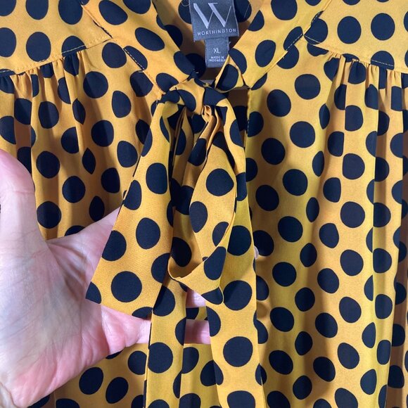 Womens Worthington V Neck Tie Polka Dot Blouse Gold Black XL Polyester‎ - Picture 7 of 11